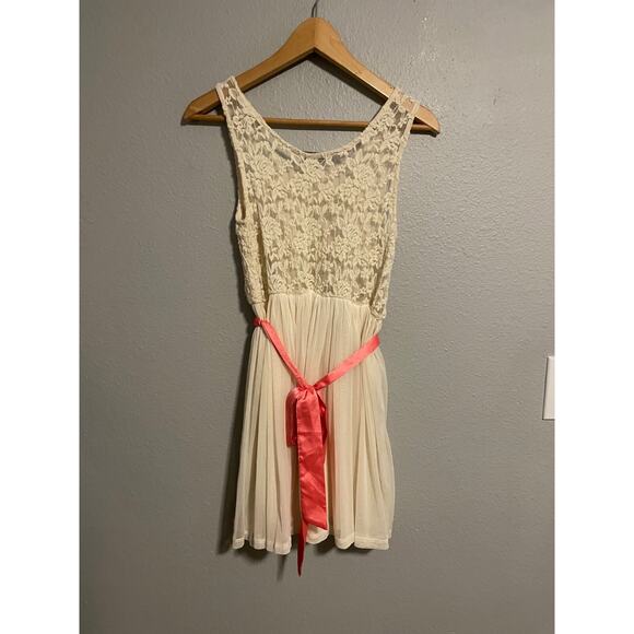 Forever 21 Juniors Dress Small Cream Floral Mesh Skirt Belted Fairy Romantic Y2K - Picture 4 of 8